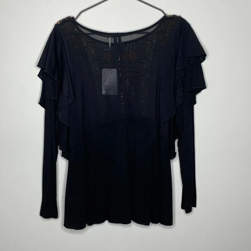 Free People Black Embroidered Ruffle Sleeve Mesh Yoke Top‎ OB651125 Size S NEW
